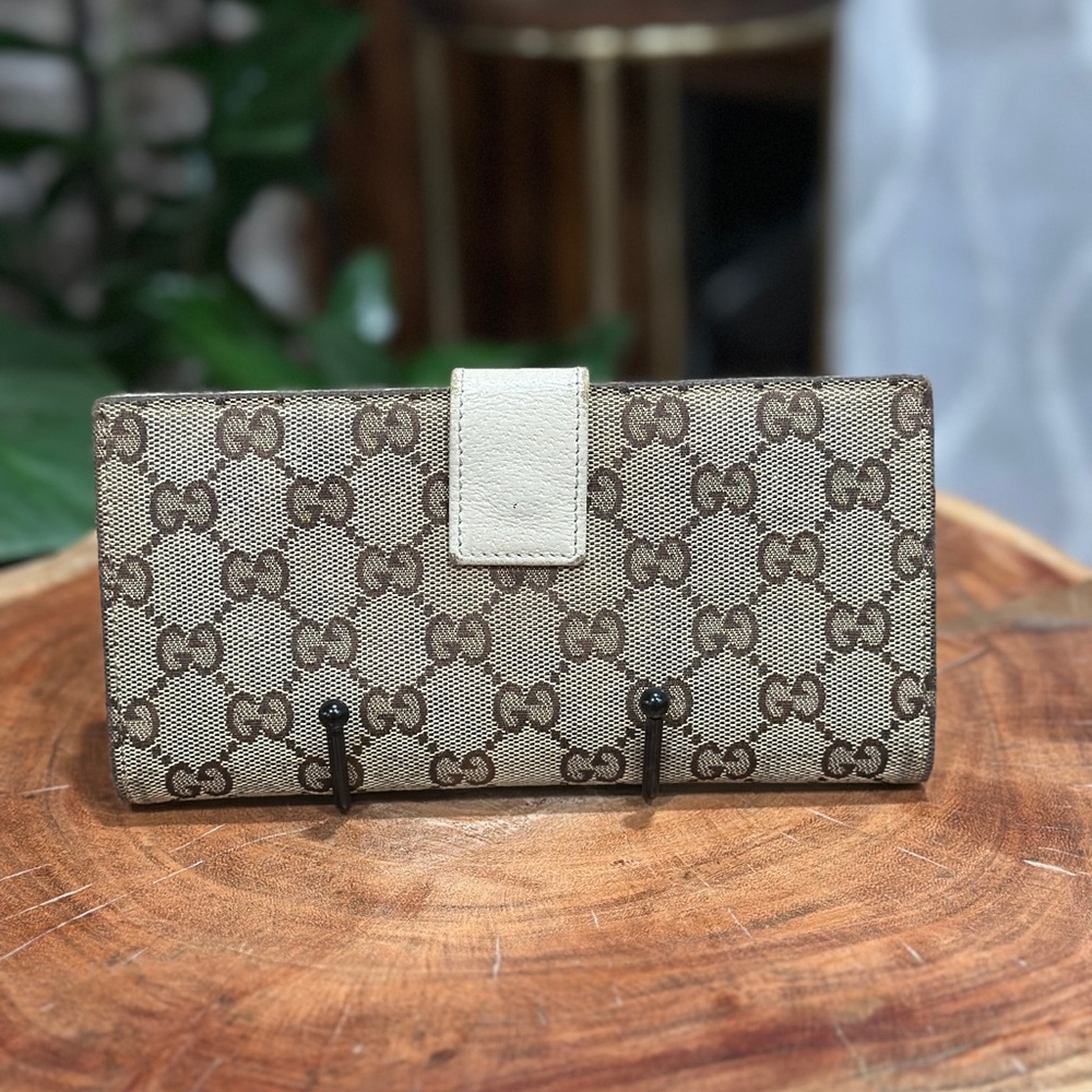 Gucci Brown GG Supreme Canvas Wallet with Gold-Tone Snap Vintage - Picture 6 of 12